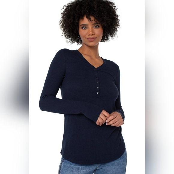 Women's Liverpool Los Angeles Long Sleeve V-Neck Dark Navy Henley Size Small - Picture 1 of 16